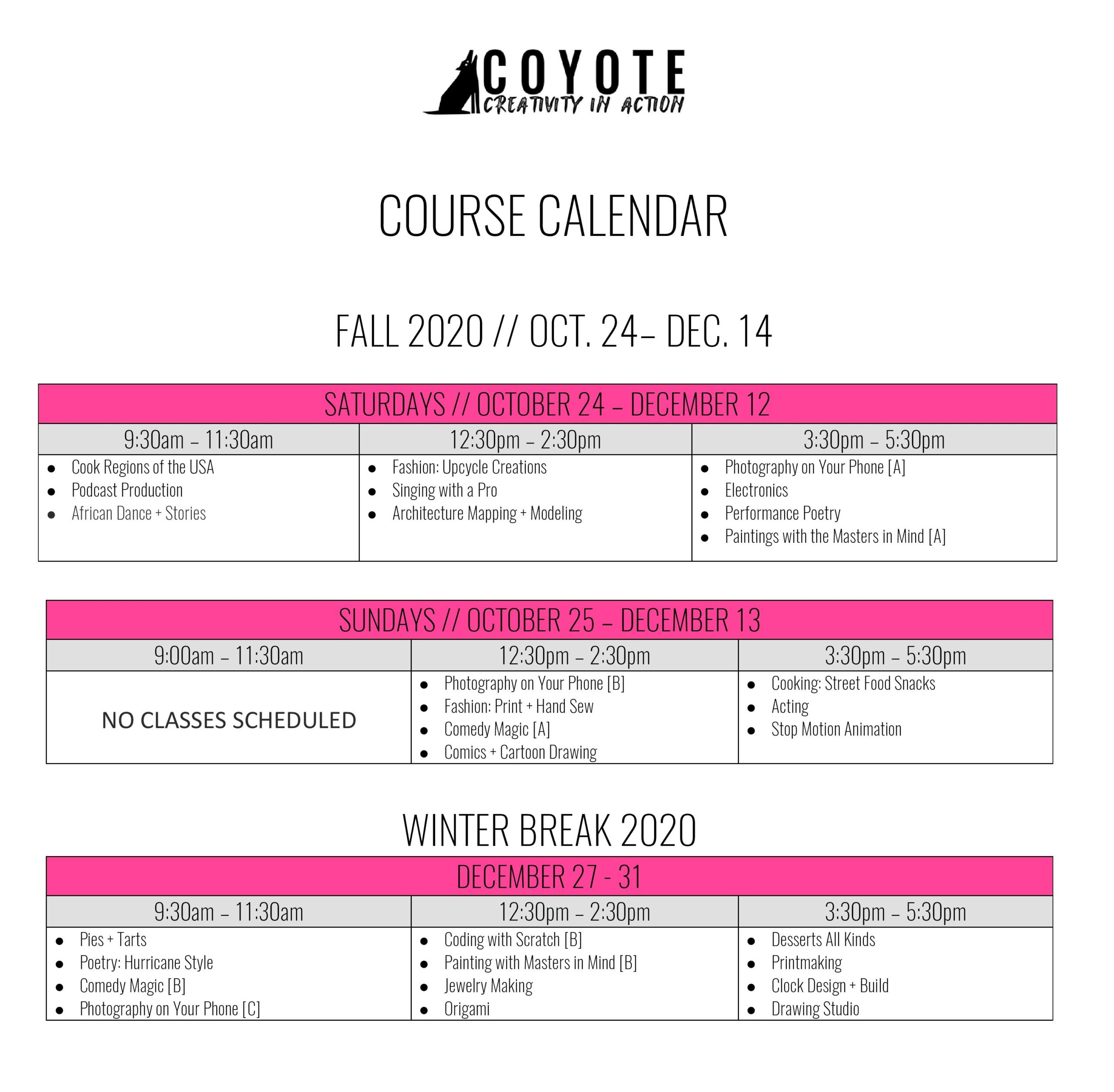 Fall 2020 Course Calendar JANE ADDAMS MIDDLE SCHOOL PTSA
